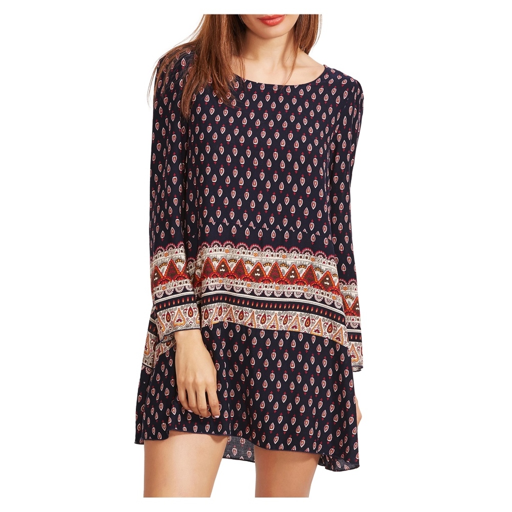 Blue 3/4 Sleeve Tribal Print Shift Boho Dress